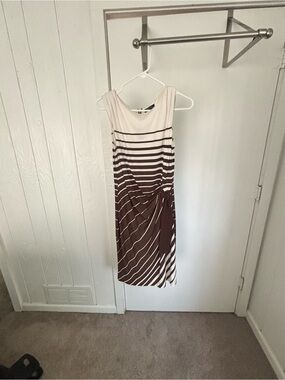 Tahari Brown and Cream Striped Knot-Detail Midi Dress
